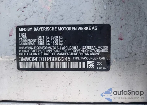 2023 BMW 3 Series 330E из США, поврежденный, VIN 3MW39FF01P8D02245